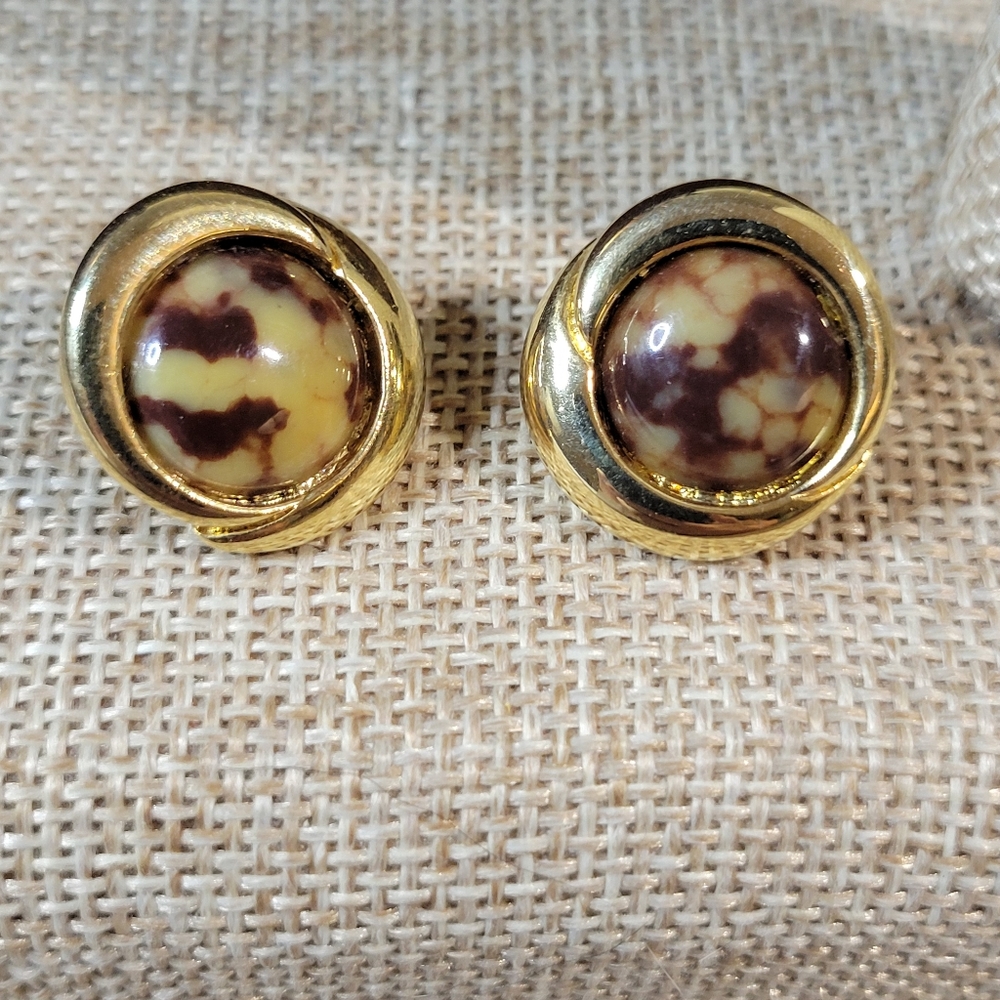 Vintage Gold Tone Pierced Earrings with Cream & Brown Cabochons Costume Jewelry